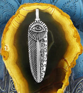 Upright Feather With Evil Eye and Decorative Scrolls Asymmetrical Oxidized Pendant | Woot & Hammy